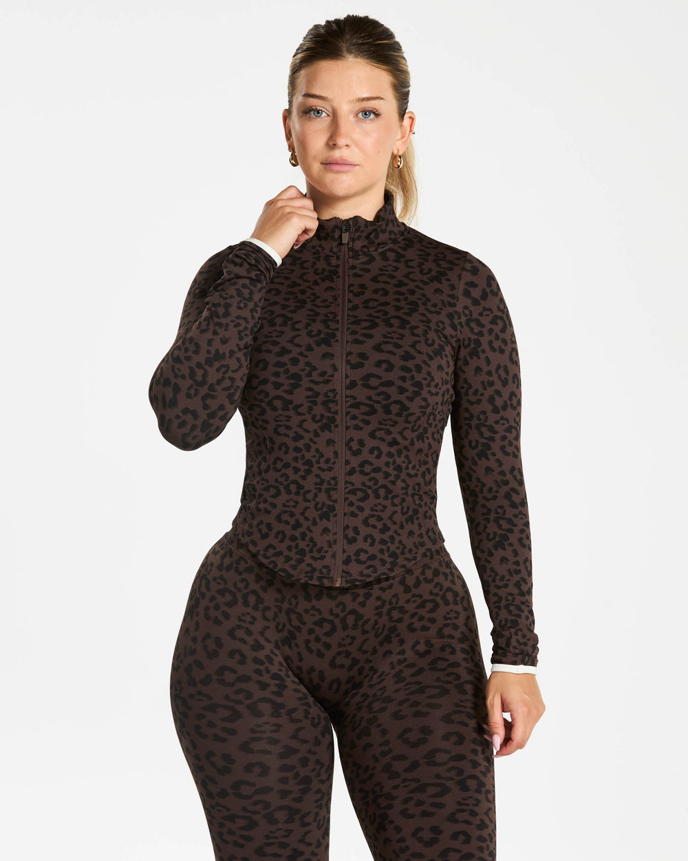 Veste de sport zippée sculptante Contrastline « Léopard Espresso »